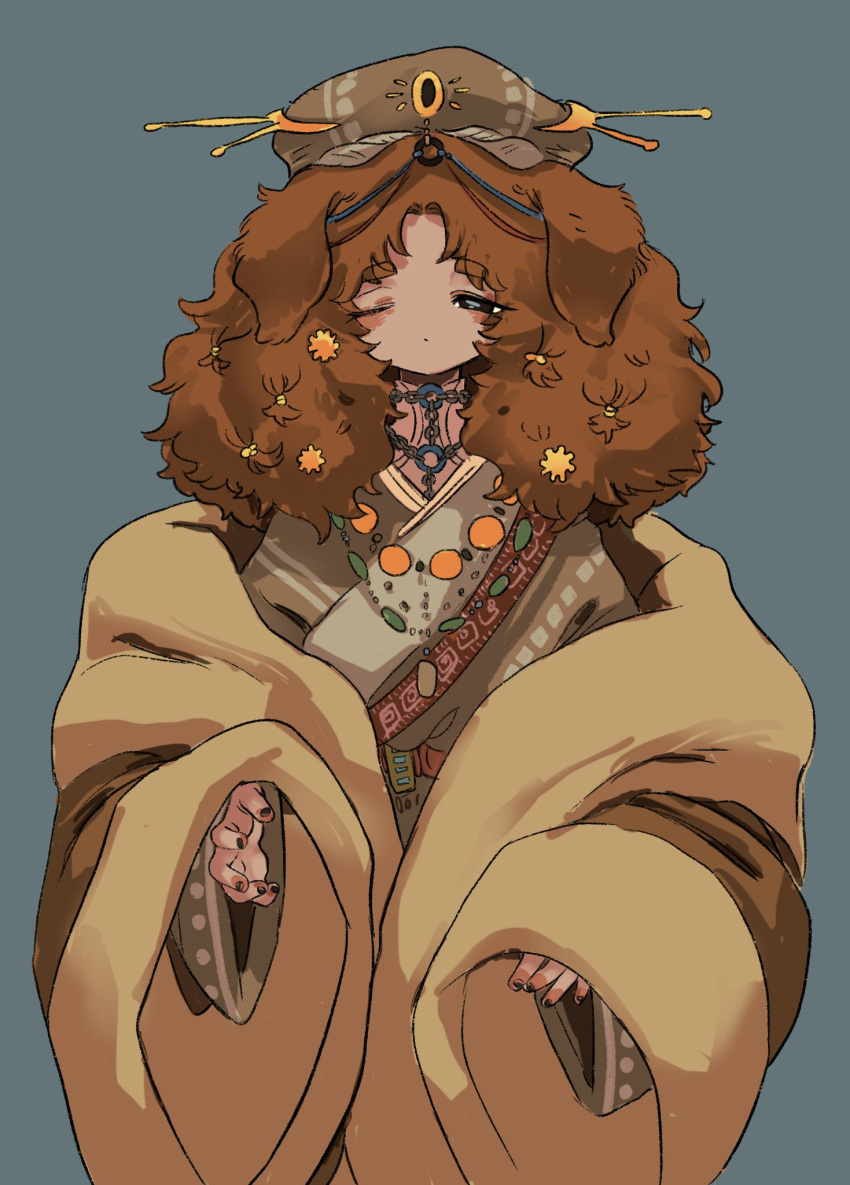1other, :/, androgynous, animal_ears, black_eyes, blue_background, brown_coat, brown_hair