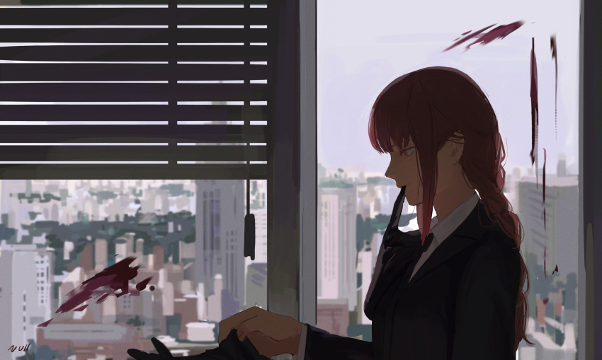 1girl, bangs, black_necktie, blood, blood_splatter, braid, braided_ponytail, building