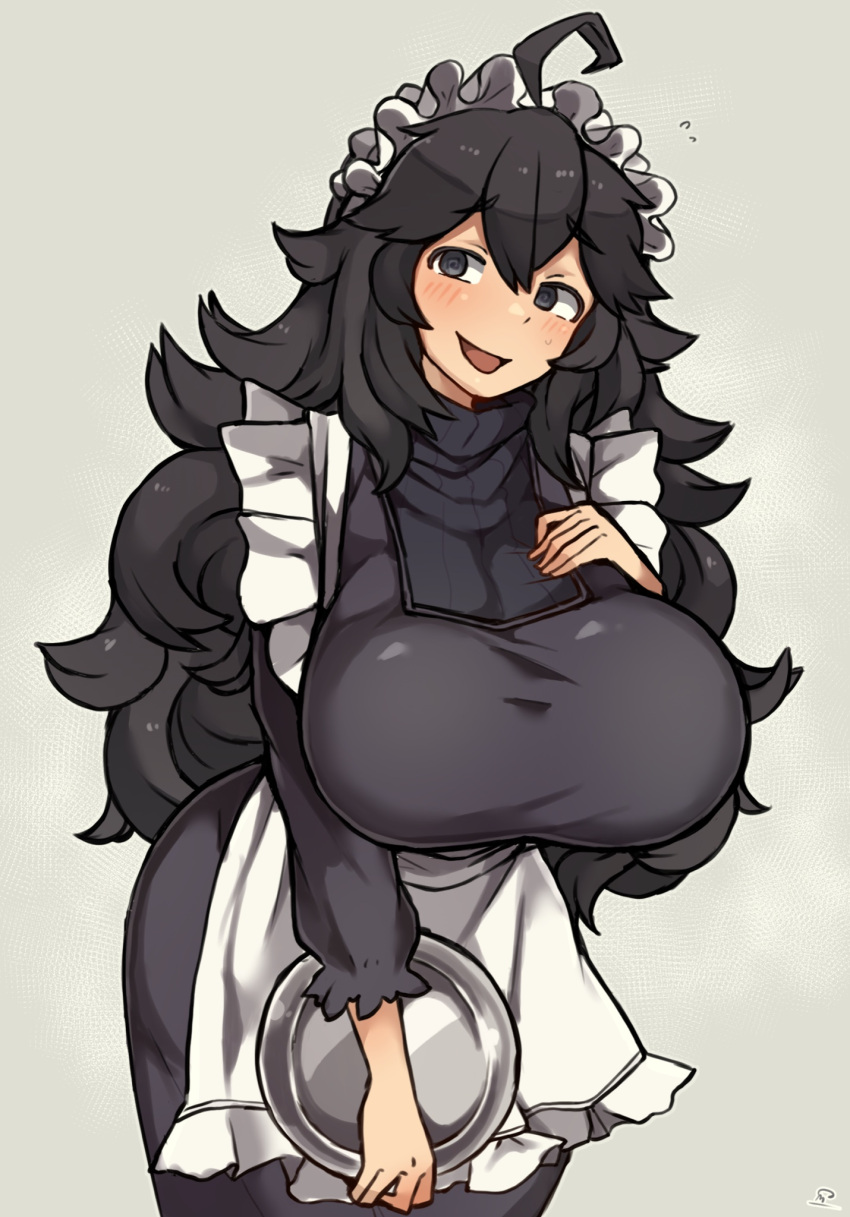 1girl, @_@, ahoge, alternate_breast_size, apron, black_dress, black_eyes, black_hair
