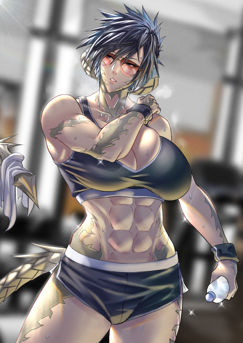 1girl, abs, absurdres, anima_(togashi), au_ra, avatar_(ff14), black_shorts, black_sports_bra