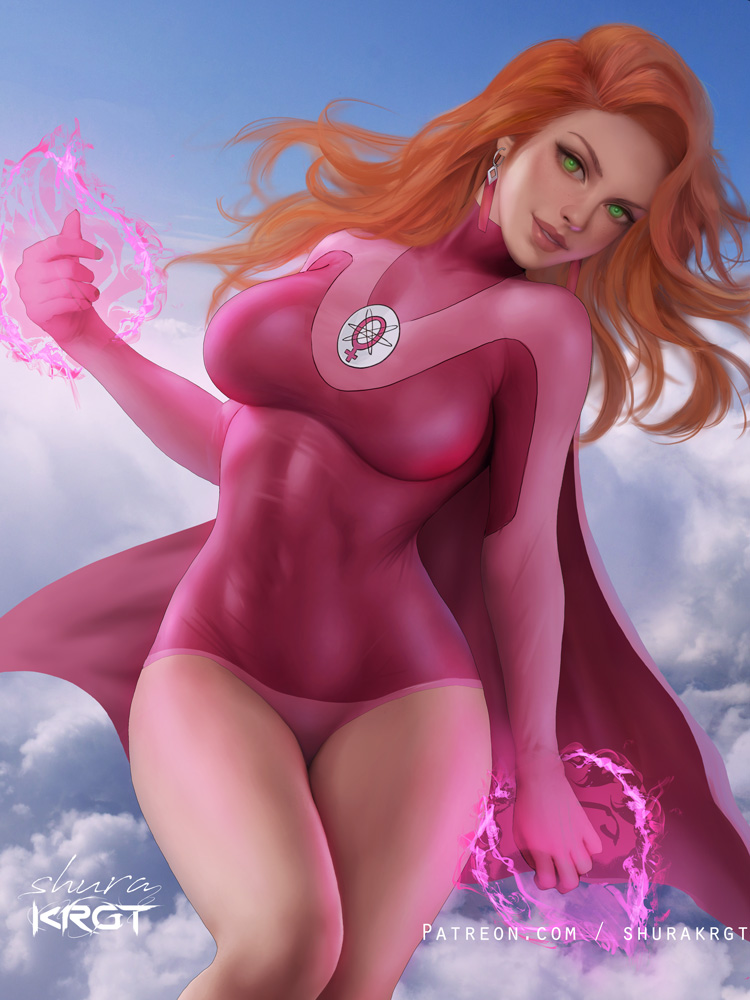 1girl, above_clouds, atom_eve, breasts, cape, english_commentary, feet_out_of_frame, flying