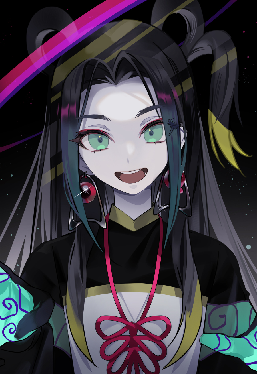 1boy, :d, bangs, black_hair, blonde_hair, blue_hair, chinese_clothes, commentary_request