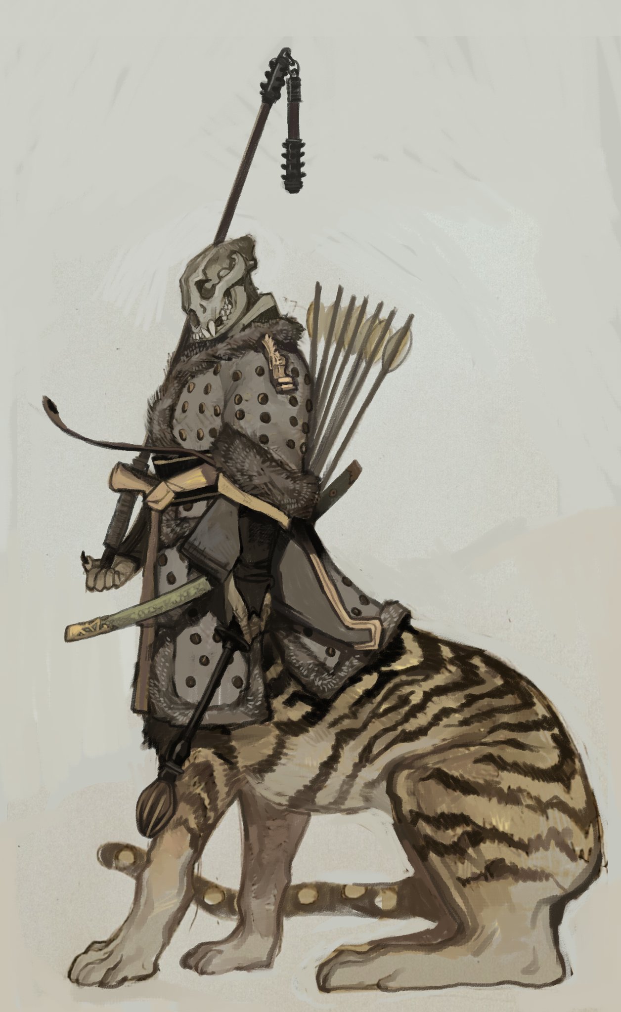 1other, animal_skull, centauroid, flail, from_side, gloves, highres, holding