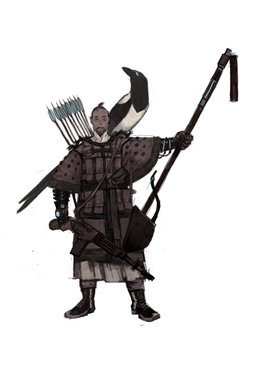1boy, adapted_costume, animal_on_shoulder, armor, arrow_(projectile), bird, bird_on_shoulder, black_eyes
