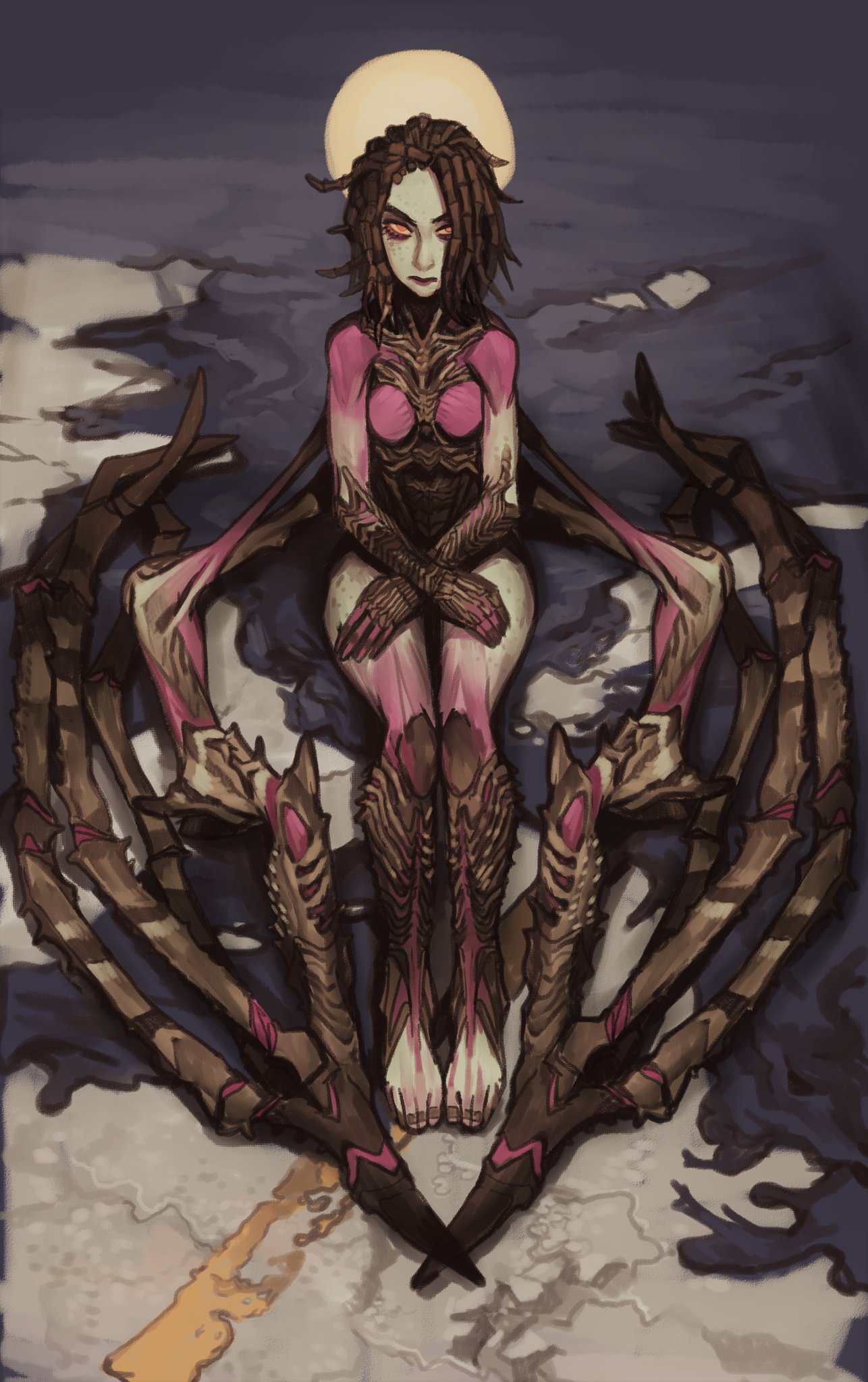 1girl, barefoot, closed_mouth, crossed_arms, freckles, halo, highres, legs_together