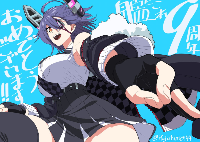 1girl, anniversary, bangs, black_gloves, black_legwear, black_skirt, blue_background, breast_pocket, breasts, checkered_necktie, eyepatch, fur-trimmed_jacket, fur_trim, gloves, hair_between_eyes, headgear, high-waist_skirt, ifuji_shinsen, jacket, kantai_collection, large_breasts, looking_at_viewer, necktie, open_clothes, open_jacket, open_mouth, orange_eyes, partially_fingerless_gloves, pocket, purple_hair, shirt, short_hair, simple_background, skirt, sleeveless, sleeveless_shirt, solo, tenryuu_(kancolle), tenryuu_kai_ni_(kancolle), thigh-highs, twitter_username, white_shirt