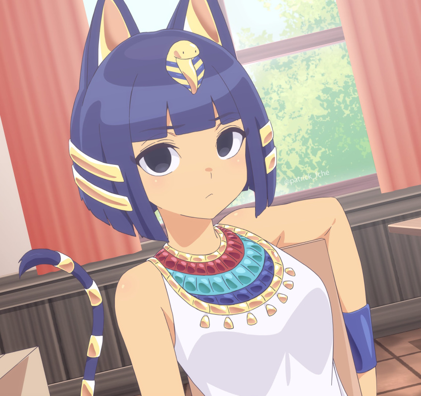 animal_crossing, animal_ears, ankha_(animal_crossing), bangs, bare_shoulders, black_eyes, blue_hair, blunt_bangs
