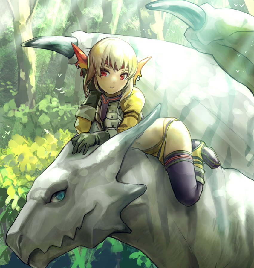 1girl, animal_ears, armor, black_gloves, blonde_hair, closed_mouth, dragon, earrings