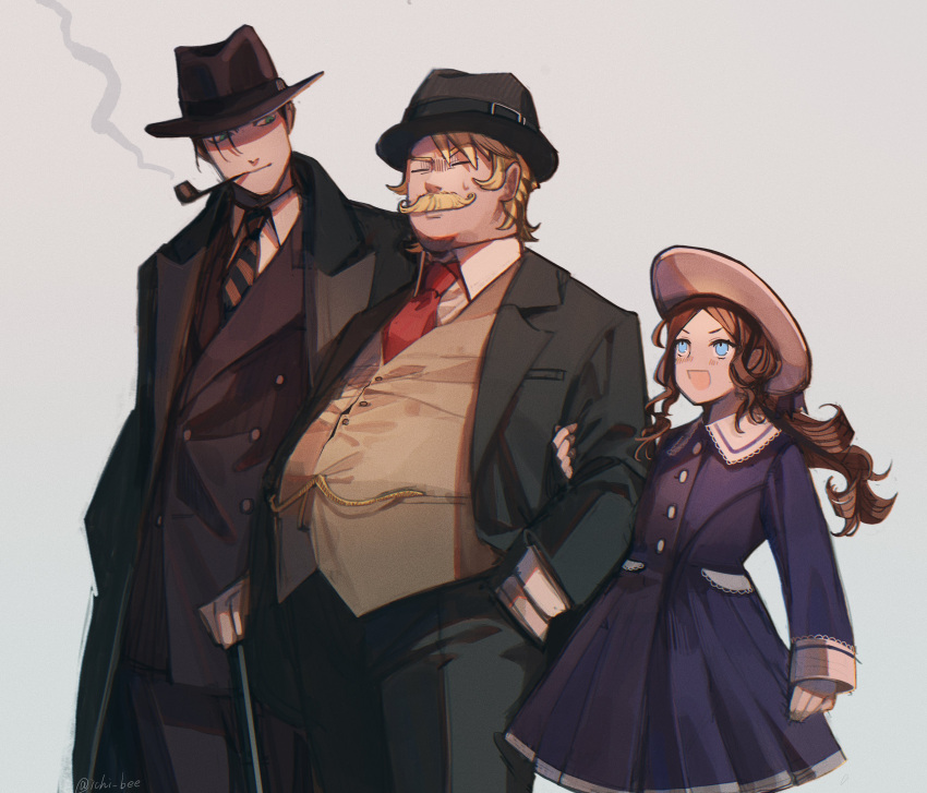 1girl, 2boys, absurdres, alternate_costume, bangs, black_hair, blonde_hair, blue_dress