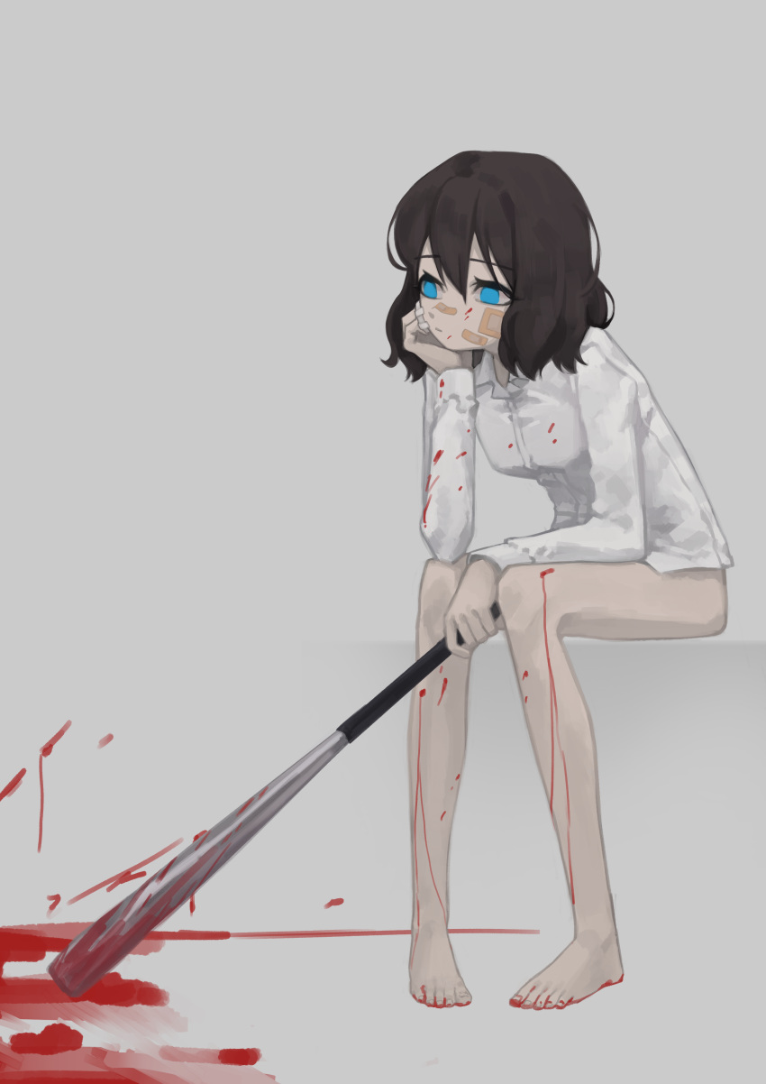 1girl, absurdres, bandaid, bandaid_on_face, bangs, bare_legs, barefoot, baseball_bat
