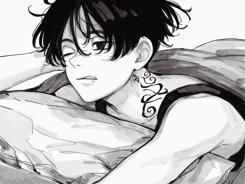 1boy, :q, absurdres, bangs, blanket, empty_eyes, greyscale, highres
