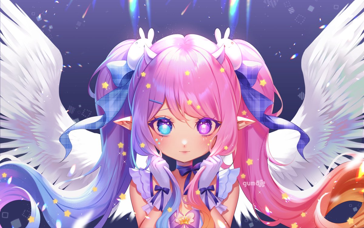 alternate_costume, angel_wings, blonde_hair, blue_bow, blue_eyes, blue_hair, bow, brooch