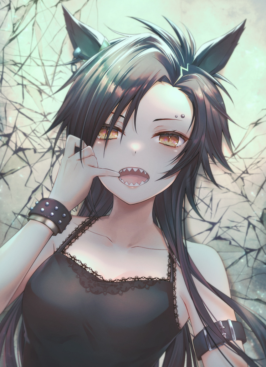 1girl, air_shakur_(umamusume), animal_ears, arm_belt, bangs, bare_shoulders, black_hair, breasts