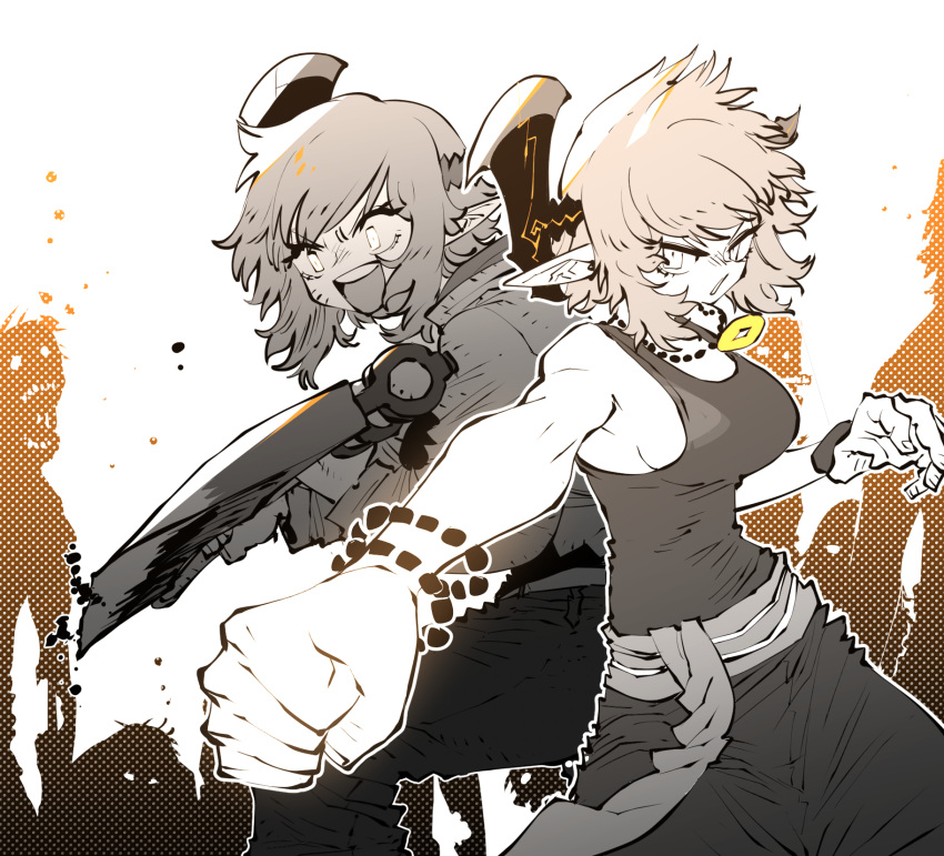 1girl, :d, axehorn_(ssambatea), bracelet, dying_light, fighting_stance, highres, holding, holding_weapon, jewelry, looking_at_viewer, multiple_views, necklace, open_mouth, pants, parted_lips, pointy_ears, round_teeth, sash, shirt, sifu_(game), smile, ssambatea, teeth, upper_teeth, weapon