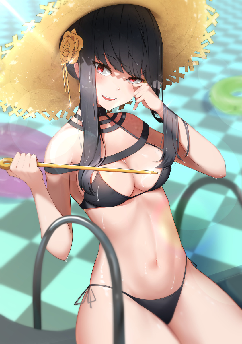 1girl, absurdres, bikini, black_bikini, black_hair, blush, breasts, dagger