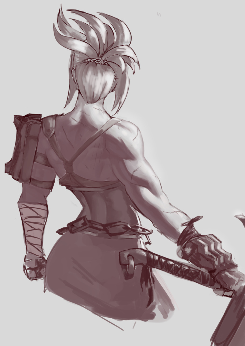 1girl, bandaged_arm, bandages, braid, chain, from_behind, grey_background, hair_up, highres, holding, holding_sword, holding_weapon, league_of_legends, medium_hair, muscular, muscular_female, nire_(nirefuster), riven_(league_of_legends), simple_background, single_bare_shoulder, skirt, solo, sword, weapon