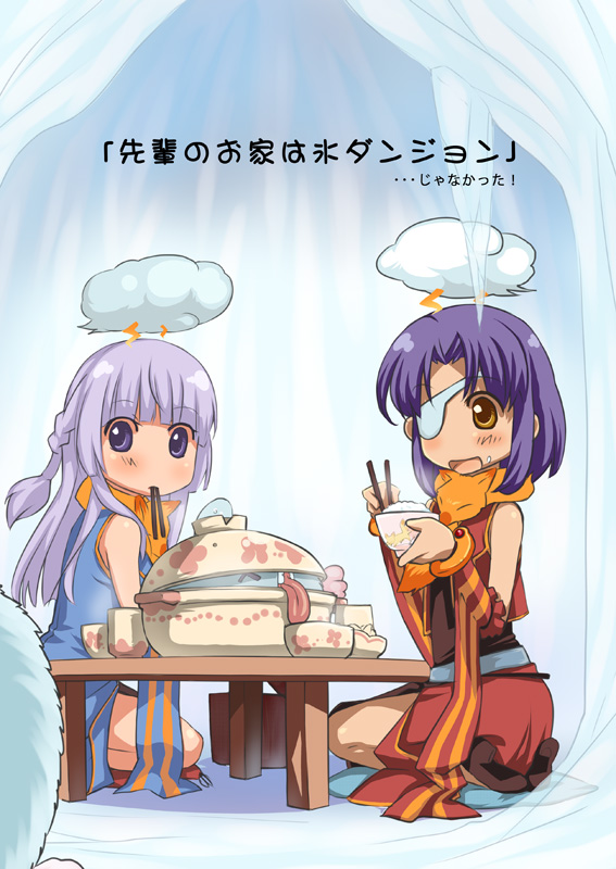 2girls, alternate_color, animal_around_neck, bad_id, bad_pixiv_id, bangs, blue_dress, blue_sleeves