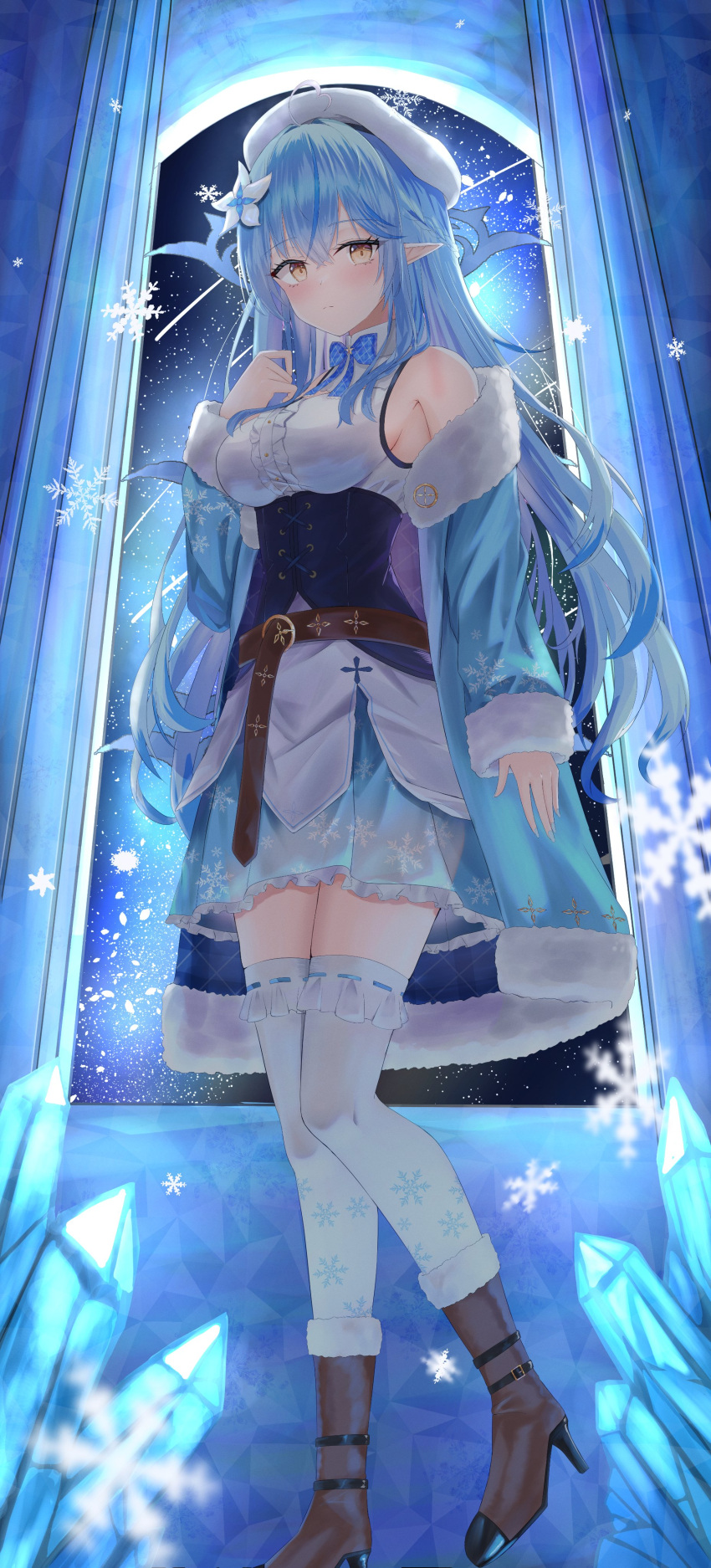 1girl, absurdres, aki_uzuki3, armpits, blue_hair, boots, breasts, dress