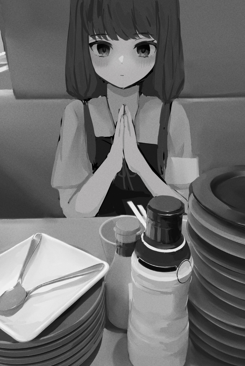 1girl, armband, bangs, blush, closed_mouth, cup, eyebrows_visible_through_hair, highres