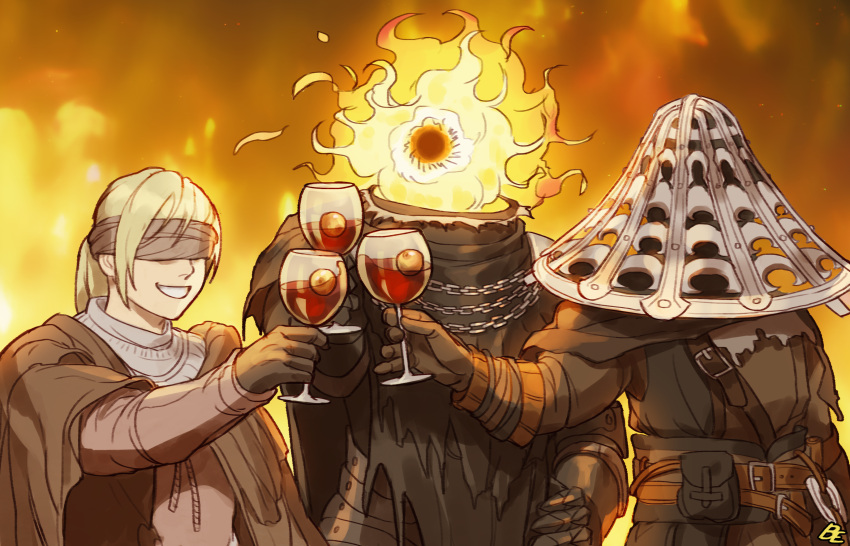 1girl, 2others, absurdres, belt, belt_buckle, black_cloak, blindfold, blonde_hair, boiled_egg27, brown_cloak, buckle, chain, cloak, commentary_request, cup, drinking_glass, elden_ring, fire, gauntlets, gloves, helmet, highres, hyetta_(elden_ring), multiple_others, ponytail, pouch, shabriri_(elden_ring), shabriri_grape, smile, spoilers, tarnished_(elden_ring), wine_glass