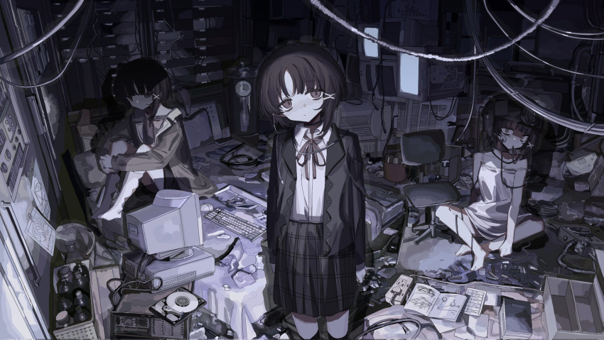 3girls, bangs, bare_shoulders, black_jacket, black_skirt, book, bottle, box, brown_eyes, brown_hair, cable, chair, collarbone, collared_shirt, commentary, computer, electric_socket, hair_ornament, hard_drive, helmet, hen10, highres, indoors, iwakura_lain, jacket, keyboard_(computer), kneehighs, looking_at_viewer, multiple_girls, multiple_persona, neck_ribbon, parted_bangs, plaid, plaid_skirt, ribbon, serial_experiments_lain, shirt, short_hair, sitting, skirt, spaghetti_strap, standing, strap_slip, white_legwear, white_shirt, wire, x_hair_ornament