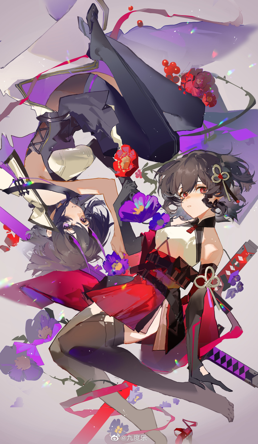 2girls, 9degree, absurdres, aether_gazer, bangs, bare_back, bare_shoulders, belt, black_gloves, black_hair, black_legwear, braid, breasts, buzenbo_(aether_gazer), detached_sleeves, elbow_gloves, flower, full_body, gloves, hair_between_eyes, hair_flower, hair_ornament, highres, holding_hands, horns, japanese_clothes, looking_at_viewer, medium_breasts, multiple_girls, open_mouth, red_eyes, short_hair, simple_background, sword, thigh-highs, thighs, third-party_edit, third-party_watermark, tsukuyomi_(aether_gazer), violet_eyes, weapon