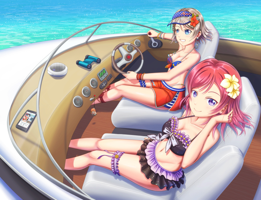 2girls, bikini, binoculars, boat, boat_interior, cellphone, charm_(object), driving