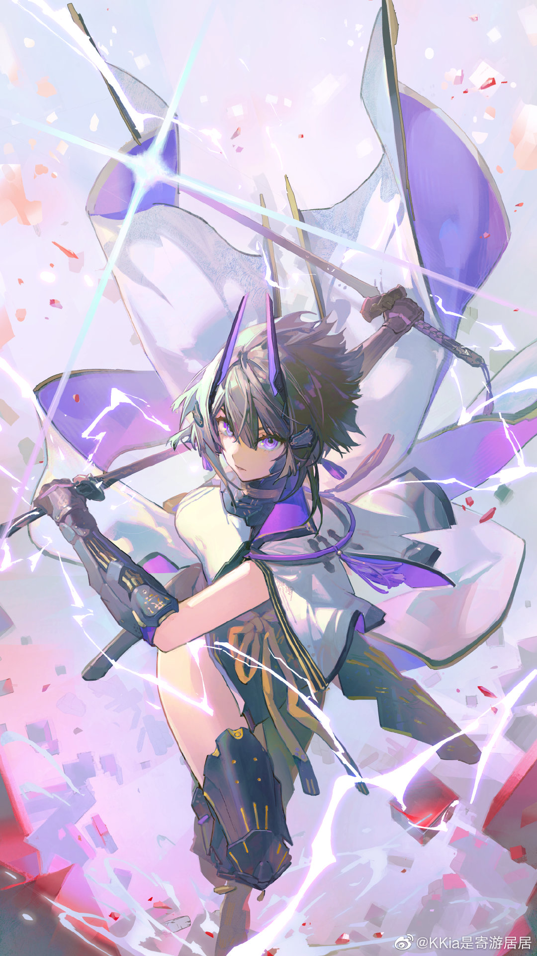 1girl, aether_gazer, arm_shield, arms_up, bangs, black_hair, breasts, cloak