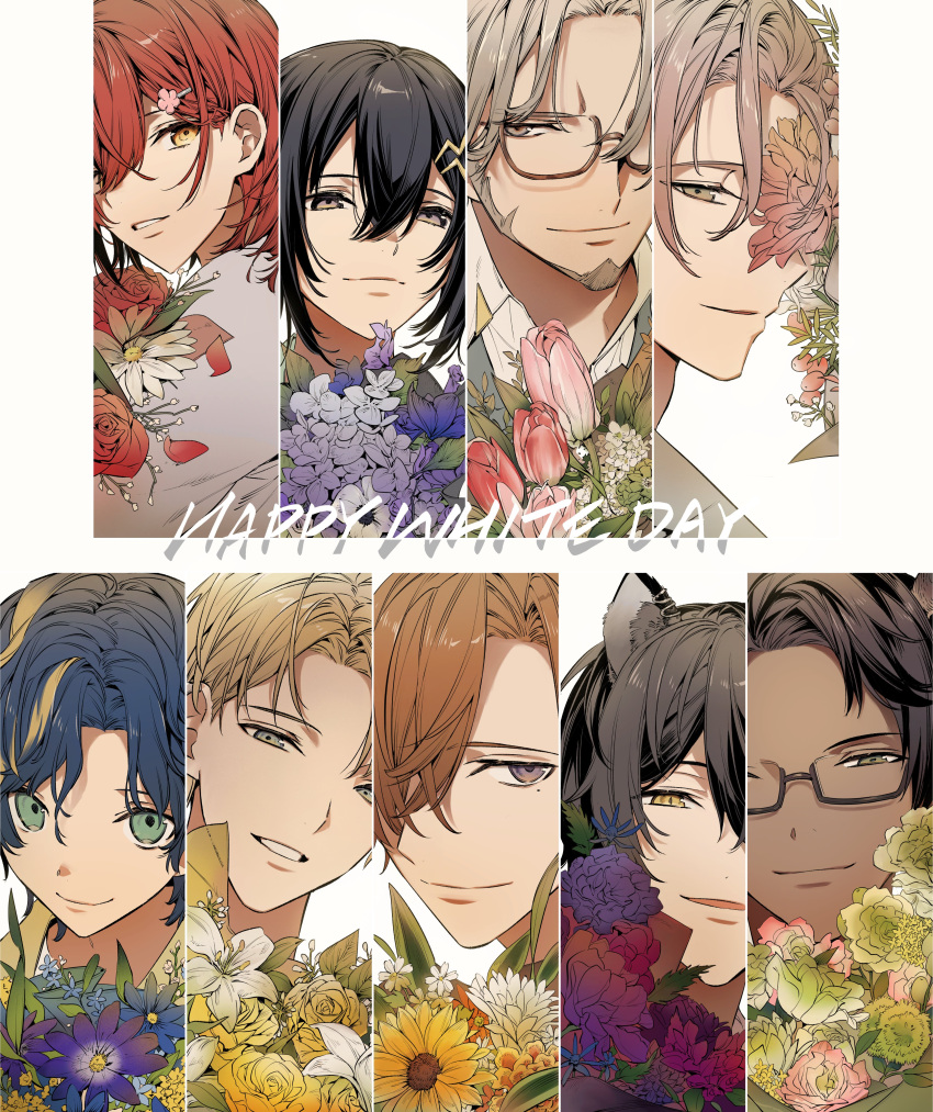 6+boys, absurdres, adam's_apple, anemone_(flower), animal_ear_fluff, animal_ears, aragami_oga, arurandeisu