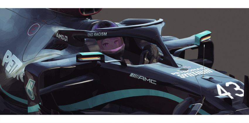 1girl, absurdres, amd, arasaka_inu, black_gloves, car, chinese_commentary, commentary, english_commentary, formula_one, gloves, ground_vehicle, helmet, highres, horse_girl, long_hair, looking_ahead, mejiro_mcqueen_(umamusume), mercedes-benz, motor_vehicle, petronas, purple_hair, race_vehicle, racecar, racing, umamusume