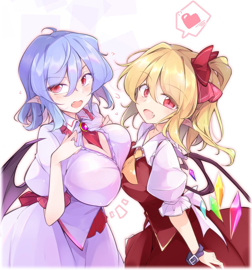 2girls, alternate_breast_size, bat_wings, blonde_hair, breasts, crystal, dress, fang