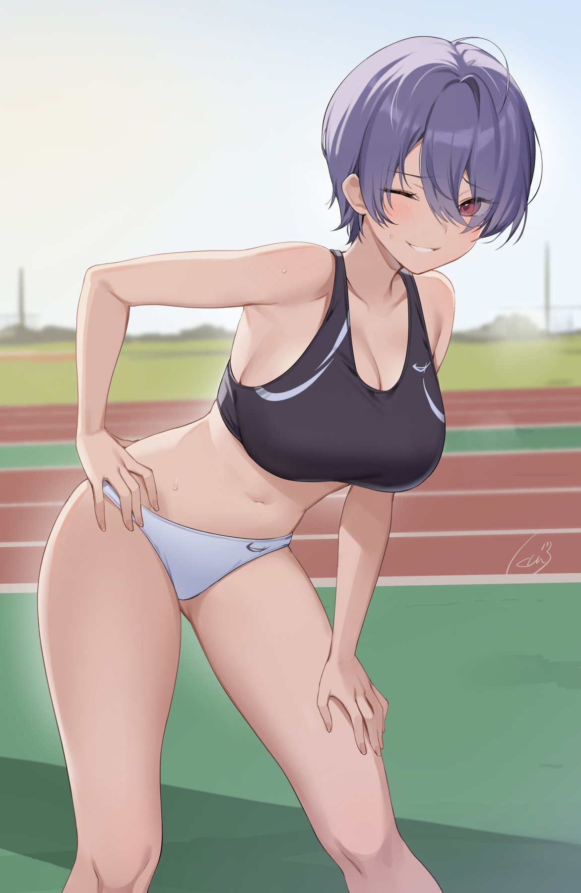 1girl, ahoge, armpits, banned_artist, bare_arms, bare_shoulders, bent_over, black_sports_bra, breasts, buruma, collarbone, crop_top, day, grin, hair_between_eyes, hand_on_own_thigh, highres, icomochi, large_breasts, looking_at_viewer, midriff, navel, one_eye_closed, original, outdoors, purple_hair, red_eyes, short_hair, sleeveless, smile, solo, sports_bra, standing, stomach, sweatdrop, thighs, track_and_field, white_buruma