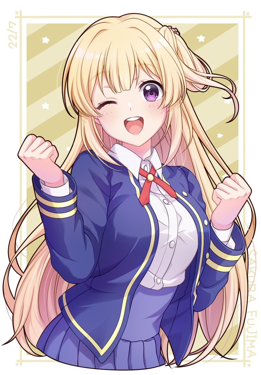 1girl, 22/7, ayakura_azuma, blonde_hair, cardigan, fujima_sakura, hair_ornament, highres, long_hair, looking_at_viewer, neck_ribbon, one_eye_closed, one_side_up, ribbon, school_uniform, smile, upper_body, violet_eyes
