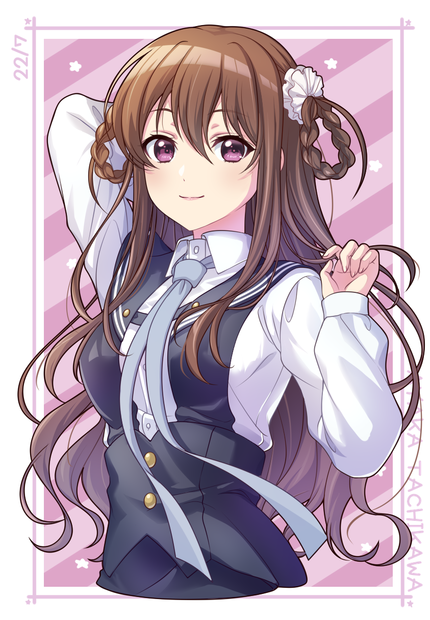 1girl, 22/7, ayakura_azuma, braid, brown_hair, dress, hair_ornament, highres, long_hair, looking_at_viewer, neck_ribbon, one_side_up, pinafore_dress, ribbon, single_braid, smile, tachikawa_ayaka, thigh-highs, upper_body, violet_eyes