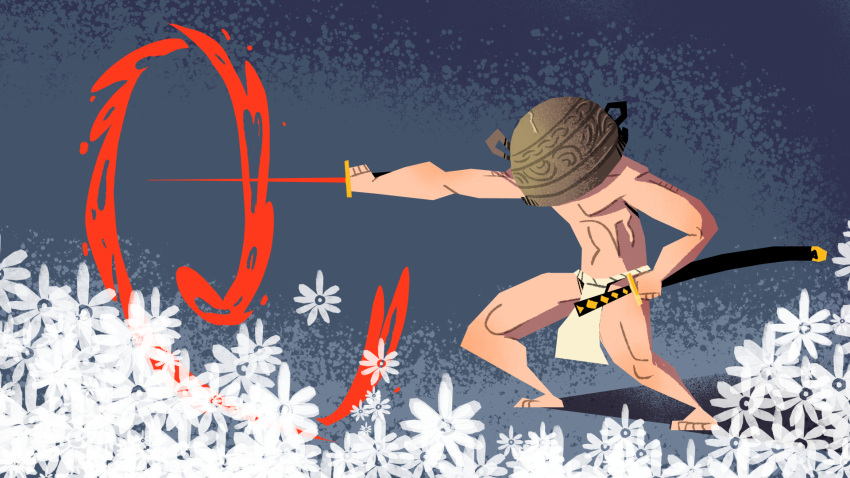 1boy, attack, barefoot, blood, blood_splatter, covered_face, crossover, elden_ring, english_commentary, field, flower, flower_field, fundoshi, hand_on_hilt, highres, holding, holding_sword, holding_weapon, japanese_clothes, katana, let_me_solo_her, loincloth, male_focus, muscular, muscular_male, pot_on_head, revujo, samurai_jack, samurai_jack_(character), solo, sword, topless_male, weapon, white_flower