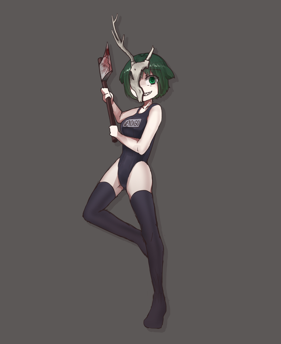 angry, axe, highres, k.blank, monster, monster_girl, swimsuit, thigh-highs