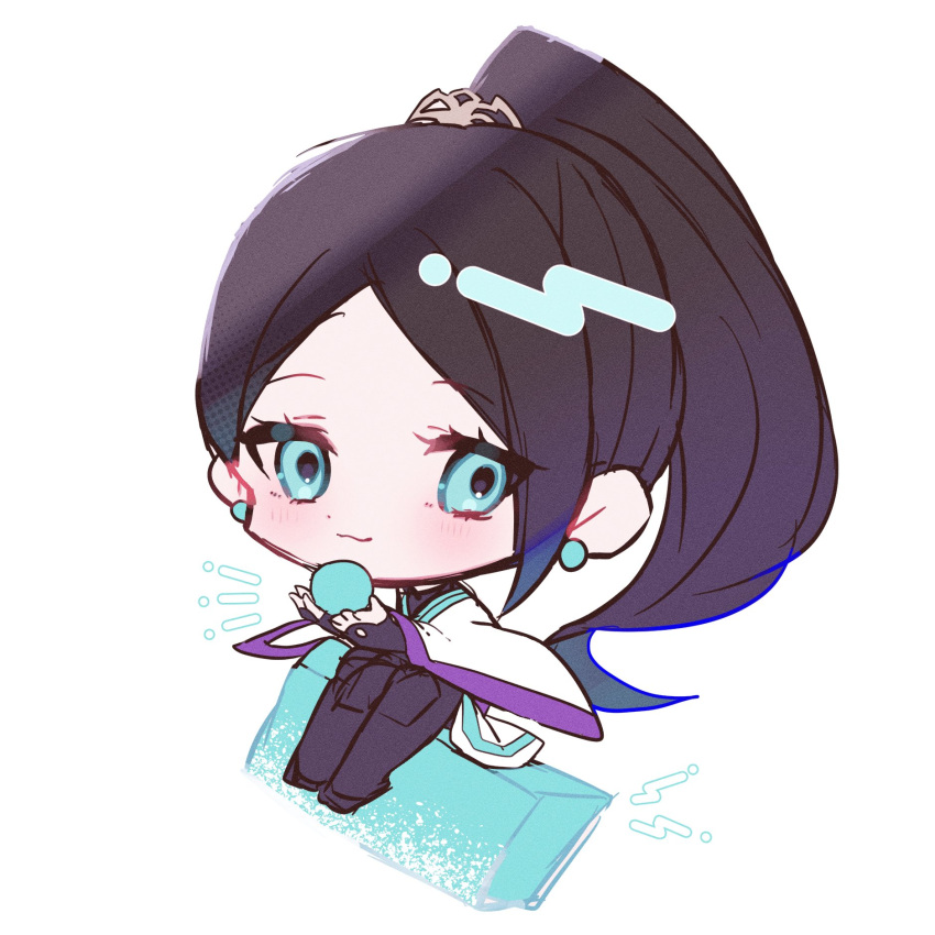 1girl, animification, aqua_eyes, bangs, black_pants, chibi, earrings, hair_behind_ear