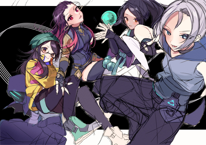 1boy, 4girls, absurdres, animification, beanie, black_gloves, black_hair, black_legwear