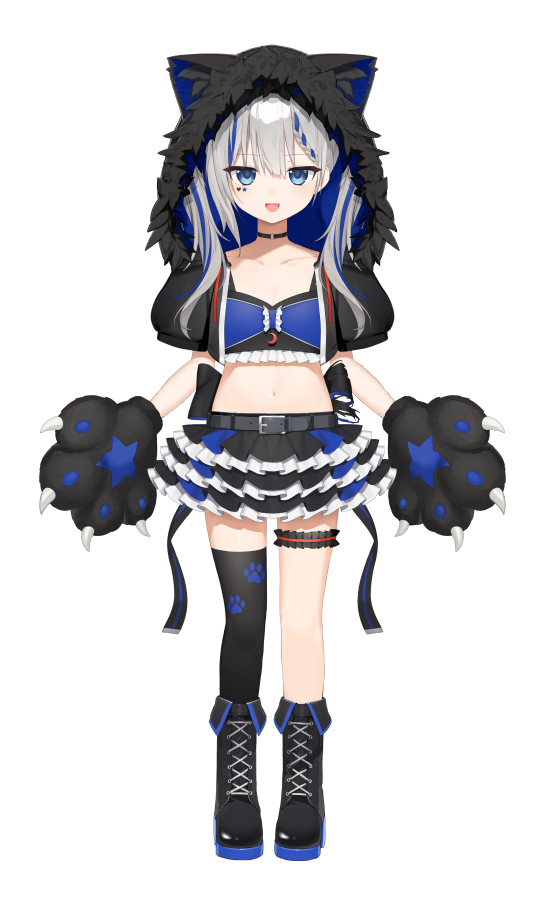 1girl, :d, animal_ear_headwear, animal_ears, animal_hands, asymmetrical_legwear, back_bow, belt