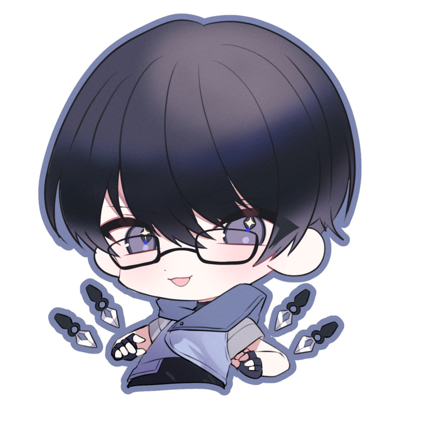1boy, black_eyes, black_gloves, black_hair, blue_jacket, blush, cosplay, fingerless_gloves