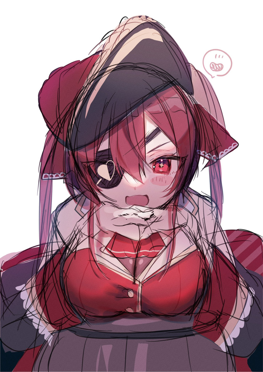 1girl, :3, ascot, bangs, barrel, black_headwear, black_jacket, blush, breasts, eyepatch, gloves, hat, heart, highres, hololive, houshou_marine, jacket, kom0980, leaning_forward, medium_breasts, off_shoulder, one_eye_covered, open_mouth, pirate_hat, red_ascot, red_eyes, redhead, sketch, smile, solo, speech_bubble, spoken_heart, twintails, virtual_youtuber, white_background, white_gloves