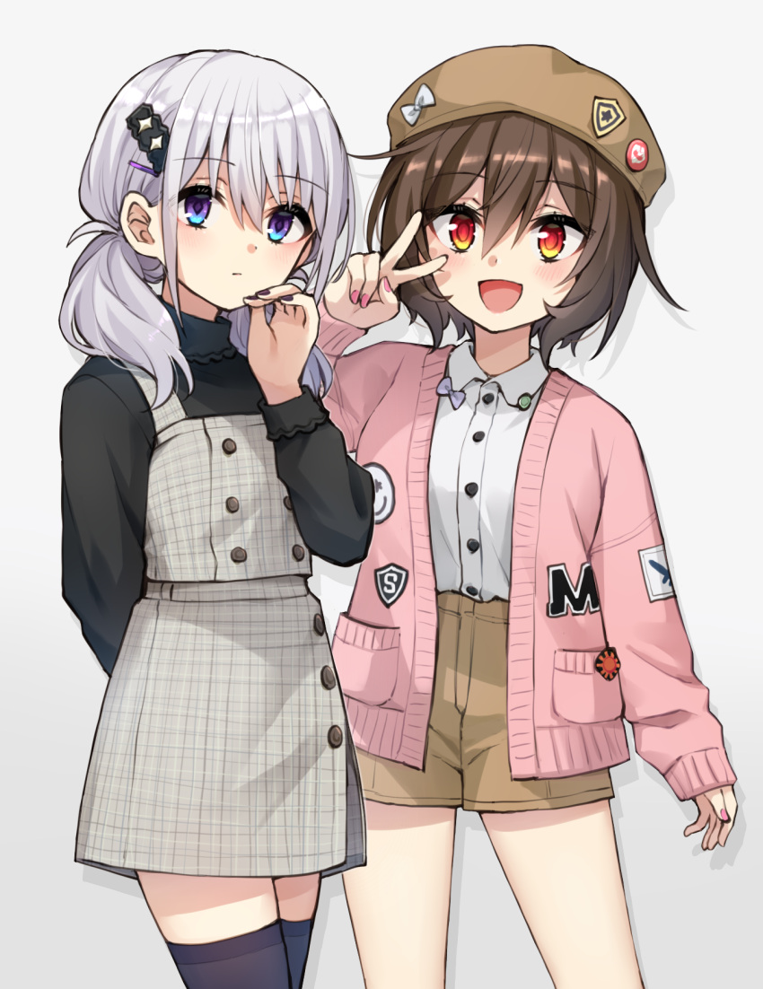 2girls, badge, beret, black_nails, blue_eyes, brown_hair, brown_headwear, brown_shorts, button_badge, collared_shirt, commentary_request, dress, dress_shirt, grey_background, grey_dress, grey_hair, hair_between_eyes, hair_ornament, hair_over_shoulder, hairclip, hat, highres, houkago_sai_tensei!, jacket, kurami_utaho, long_hair, long_sleeves, low_twintails, melua_solaris, multiple_girls, nail_polish, open_clothes, open_jacket, pink_jacket, pink_nails, red_eyes, shirt, short_shorts, shorts, simple_background, sleeveless, sleeveless_dress, somechime_(sometime1209), twintails, violet_eyes, white_shirt
