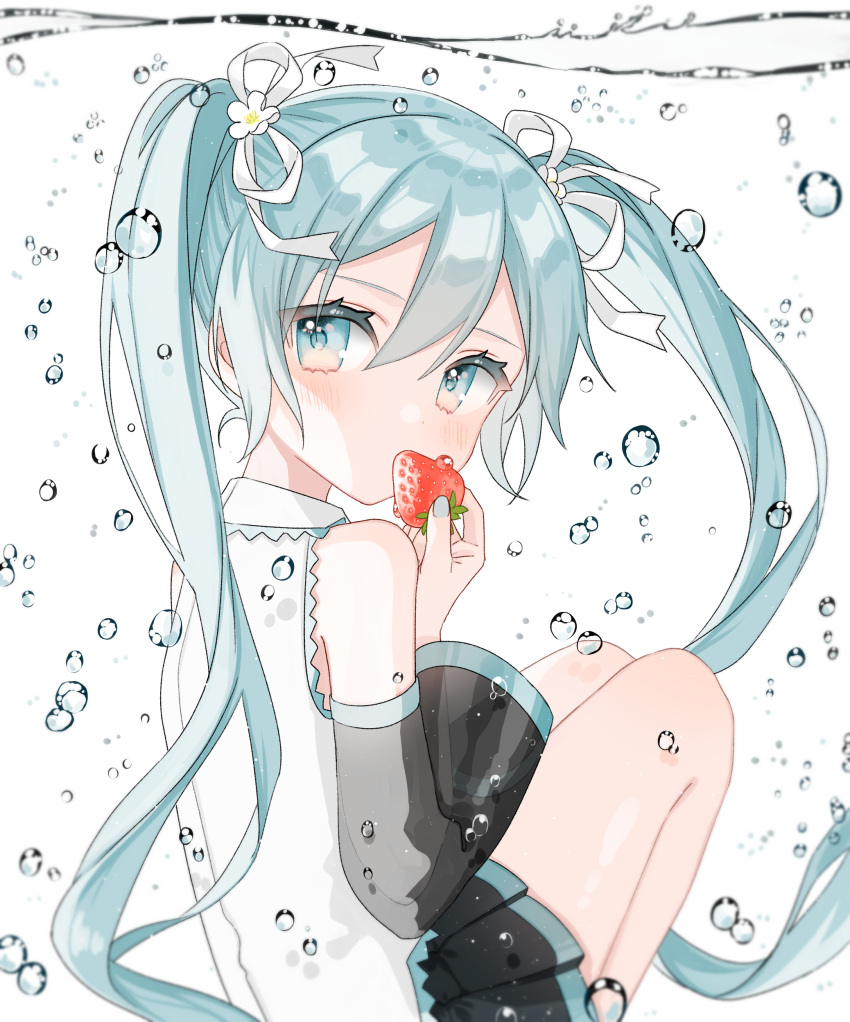 1girl, absurdres, aqua_eyes, aqua_hair, aqua_nails, bangs, bubble, detached_sleeves