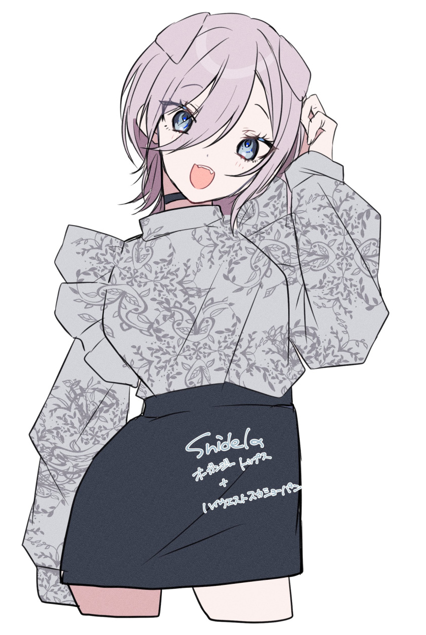 1girl, absurdres, animal_ears, black_choker, black_skirt, blue_eyes, cat_ears, cat_girl, choker, fangs, grey_hair, grey_shirt, head_tilt, highres, indie_virtual_youtuber, kom0980, nakaba_(vtuber), shirt, shirt_tucked_in, short_hair, skirt, smile, solo, virtual_youtuber, white_background