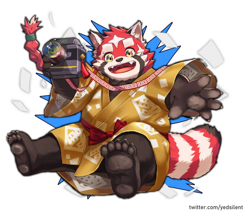1boy, absurdres, bow, braid, brown_fur, camera, claws, fangs