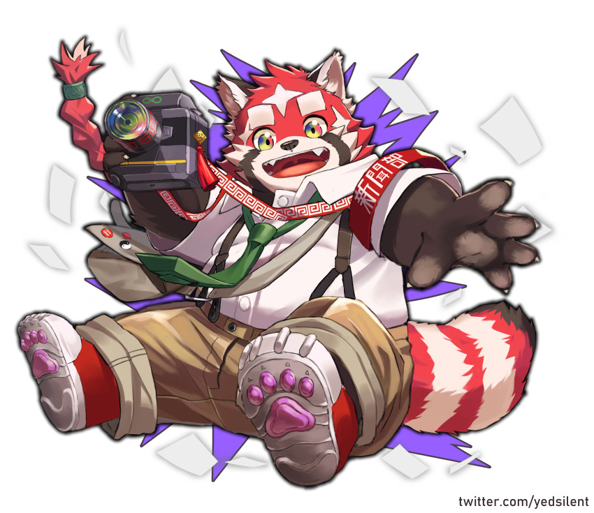 1boy, absurdres, armband, braid, brown_fur, brown_pants, camera, claws