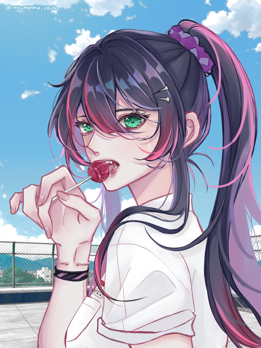 1girl, 2022, bracelet, breasts, candy, clouds, collared_shirt, english_commentary, fence, food, from_behind, hair_behind_ear, highres, holding, holding_candy, holding_food, holding_lollipop, jewelry, lollipop, long_hair, medium_breasts, mika_melatika, miyu_(meumuemu), multicolored_hair, nijisanji, nijisanji_id, ponytail, redhead, rooftop, shirt, sky, solo, streaked_hair, twitter_username, virtual_youtuber, white_shirt