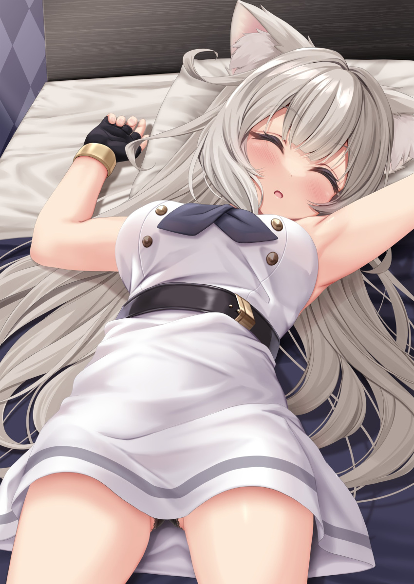 1girl, absurdres, animal_ears, armpits, arms_up, asymmetrical_legwear, bed, black_panties