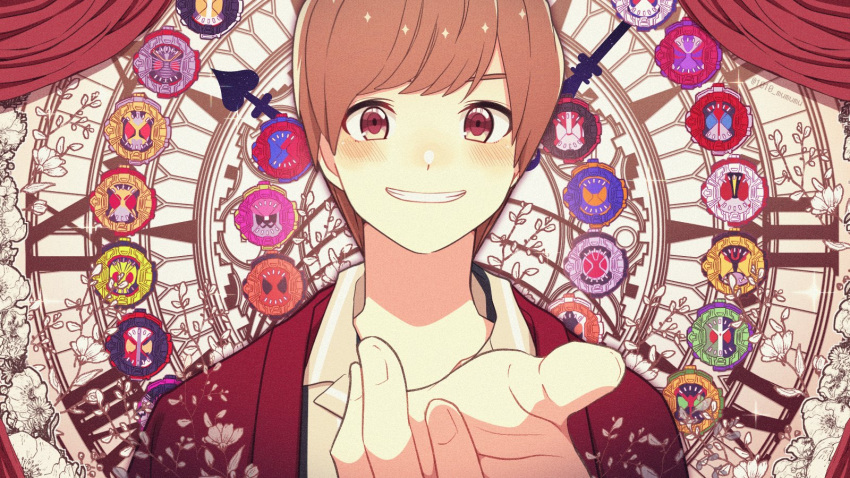 1010_mumumu, 1boy, agito_rider_watch, astronaut, beetle, blade_rider_watch, brown_hair, bug, build_rider_watch, clock, commentary_request, decade_rider_watch, den-o_rider_watch, double_rider_watch, dragon, eastern_dragon, ex-aid_rider_watch, faiz, faiz_rider_watch, floral_print, fourze_rider_watch, ghost_ridewatch, hibiki_rider_watch, highres, jacket, kabuto_rider_watch, kamen_rider, kamen_rider_zi-o_(series), kiva_rider_watch, kuuga_riderwatch, mighty_action_x_level_2, oni, ooo_rider_watch, open_hand, orange_arms, rabbit+tank_form, red_jacket, roman_numeral, ryuki_rider_watch, saber_rider_watch, samurai, tokiwa_sougo, type_speed, vampire, wizard, wizard_rider_watch, zero_one_rider_watch