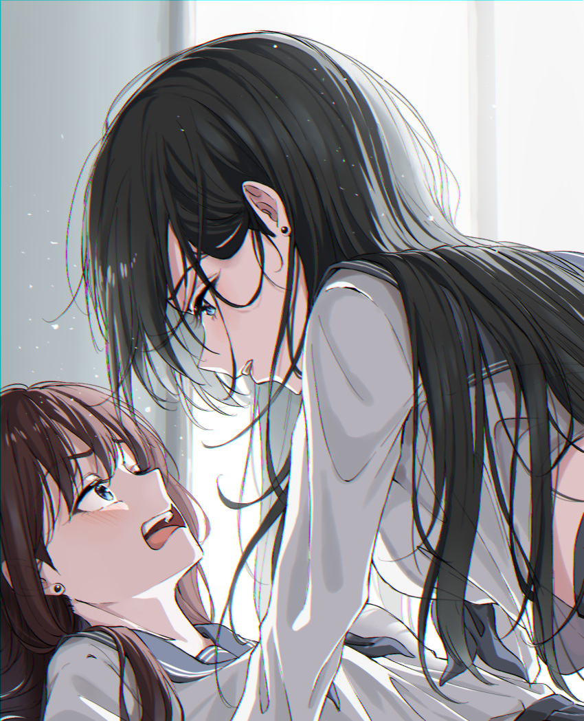 2girls, black_hair, brown_hair, fallen_down, highres, keya_(user_pnkz5883), long_hair, multiple_girls